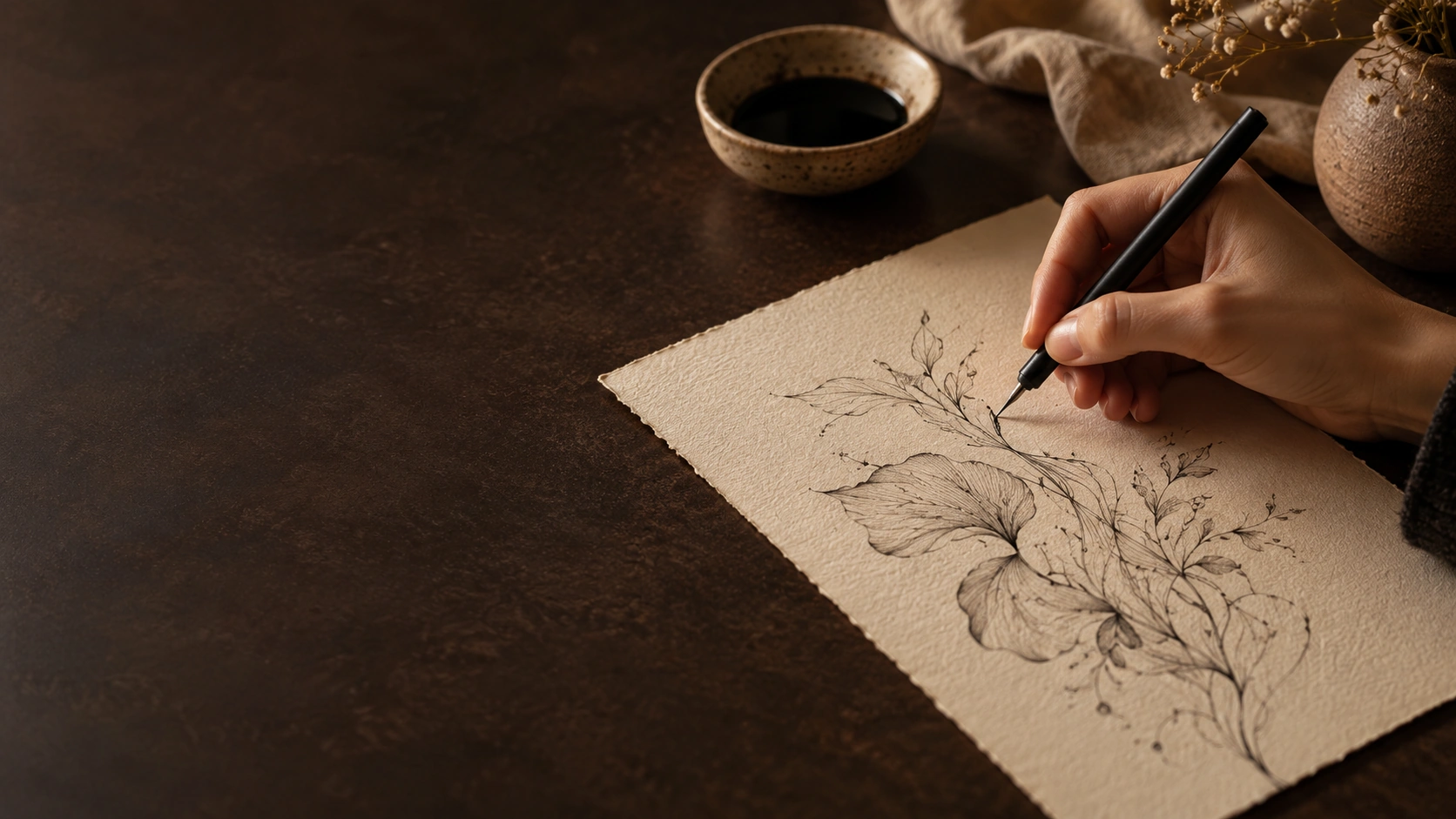Mão desenhando elementos botânicos em tinta preta sobre papel.