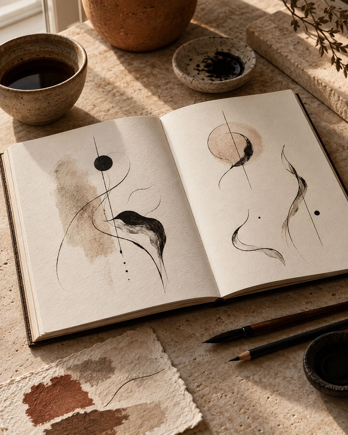 Caderno aberto com estudos abstratos e materiais de desenho.